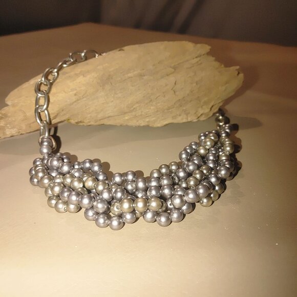 Vintage Large Statement Multi Strand Silver Round Pearl Necklace  Chain Clasp - Picture 5 of 7